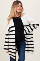 Ivory Black Knit Striped Long Maternity Cardigan