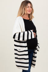 Ivory Black Knit Striped Long Maternity Cardigan