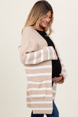 Beige Ivory Knit Striped Long Maternity Cardigan