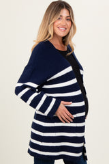 Navy Knit Striped Long Maternity Cardigan