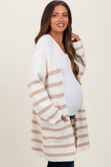 Ivory Beige Knit Striped Long Maternity Cardigan