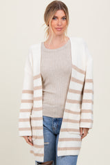 Ivory Beige Knit Striped Long Cardigan