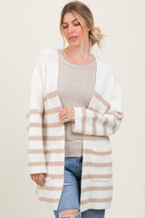 Ivory Beige Knit Striped Long Maternity Cardigan