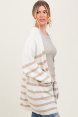 Ivory Beige Knit Striped Long Cardigan