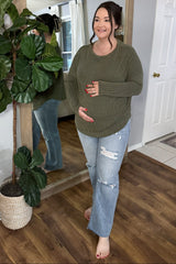 Olive Ribbed Knit Relaxed Fit Round Hem Maternity Top