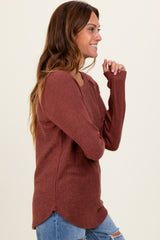 Brown Waffle Knit Raglan Long Sleeve Top