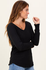 Black Brushed Knit Relaxed V-Neck Long Sleeve Top