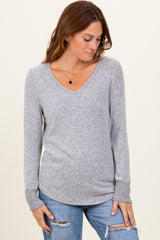 Heather Grey Brushed Knit Relaxed V-Neck Long Sleeve Top