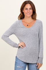 Heather Grey Brushed Knit Relaxed V-Neck Long Sleeve Top