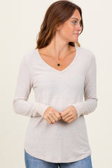 Beige Brushed Knit Relaxed V-Neck Long Sleeve Maternity Top