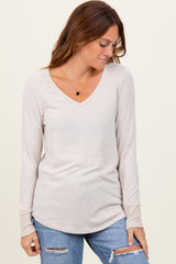 Beige Brushed Knit Relaxed V-Neck Long Sleeve Top