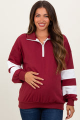 Burgundy Half Zip Stripe Sleeve Maternity Pullover