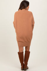 Light Camel Funnel Neck Dolman Sleeve Maternity Mini Dress