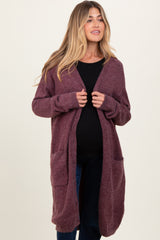 Plum Button Down V-Neck Long Maternity Cardigan