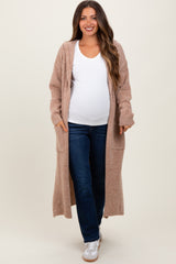 Camel Long Hooded Open Front Maternity Cardigan