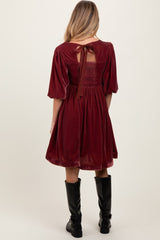 Burgundy Velvet Sweetheart Button Accent Maternity Dress