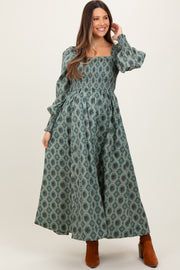 Olive Smocked Printed Square Neck Maternity Maxi Dress