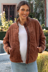 Brown Quilted Corduroy Maternity Puffer Jacket