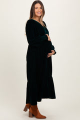 Forest Green Velvet Button Accent Smocked Sleeve Maternity Midi Dress