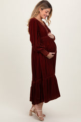 Brown Velvet Button Accent Smocked Sleeve Maternity Midi Dress