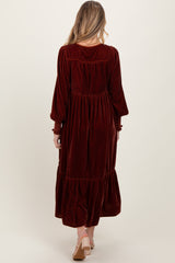 Brown Velvet Button Accent Smocked Sleeve Maternity Midi Dress