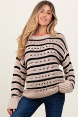 Beige Striped Crochet Knit Maternity Sweater