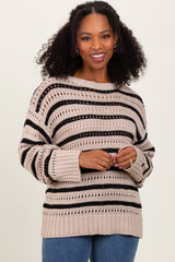 Beige Striped Crochet Knit Maternity Sweater