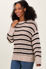 Beige Striped Crochet Knit Sweater