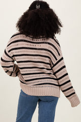 Beige Striped Crochet Knit Sweater