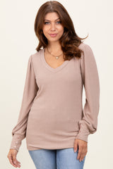 Beige Ribbed Knit V-Neck Button Cuff Top