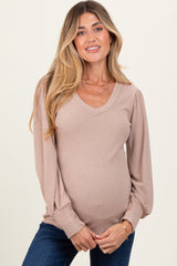 Beige Ribbed Knit V-Neck Button Cuff Maternity Top