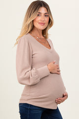 Beige Ribbed Knit V-Neck Button Cuff Maternity Top