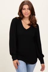 Black Ribbed Knit V-Neck Button Cuff Top