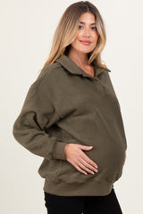 Olive Fleece Collared Button Up Maternity Pullover