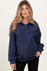 Navy Fleece Collared Button Up Maternity Pullover