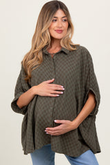 Olive Checker Print Short Sleeve Oversized Maternity Blouse