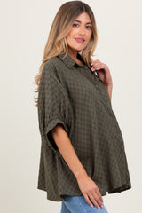 Olive Checker Print Short Sleeve Oversized Maternity Blouse