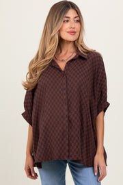 Brown Checker Print Short Sleeve Oversized Maternity Blouse