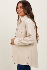 Beige Corduroy Fringe Hem Maternity Shirt Jacket