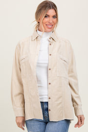 Beige Corduroy Fringe Hem Shirt Jacket