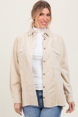 Beige Corduroy Fringe Hem Maternity Shirt Jacket