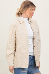 Beige Corduroy Fringe Hem Shirt Jacket