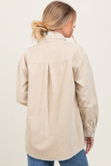 Beige Corduroy Fringe Hem Shirt Jacket