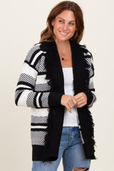 Black Mixed Stripe Fringe Shawl Collar Cardigan