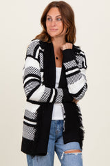 Black Mixed Stripe Fringe Shawl Collar Maternity Cardigan