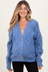 Blue Diamond Knit Button Up Maternity Sweater Cardigan