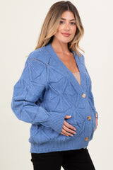 Blue Diamond Knit Button Up Maternity Sweater Cardigan