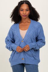 Blue Diamond Knit Button Up Sweater Cardigan