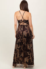 Dark Brown Floral Deep V-Neck Back Cutout Maternity Maxi Dress