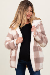 Light Taupe Plaid Teddy Fleece Hooded Maternity Cardigan